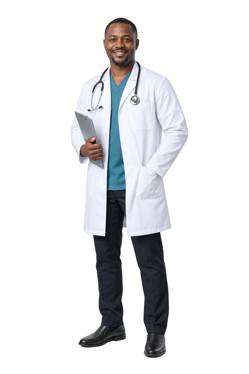 Illustrative full-body portrait of a fictional African male doctor; not a photograph of Dr Molepo